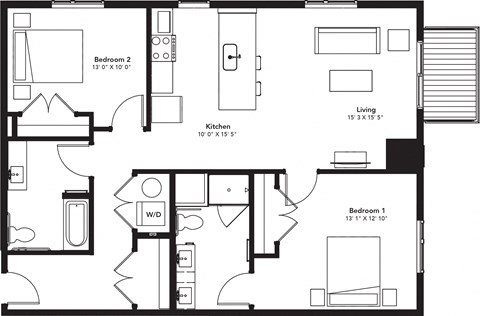 Floor plan for 2 beds, 2 baths, 1176 sqft